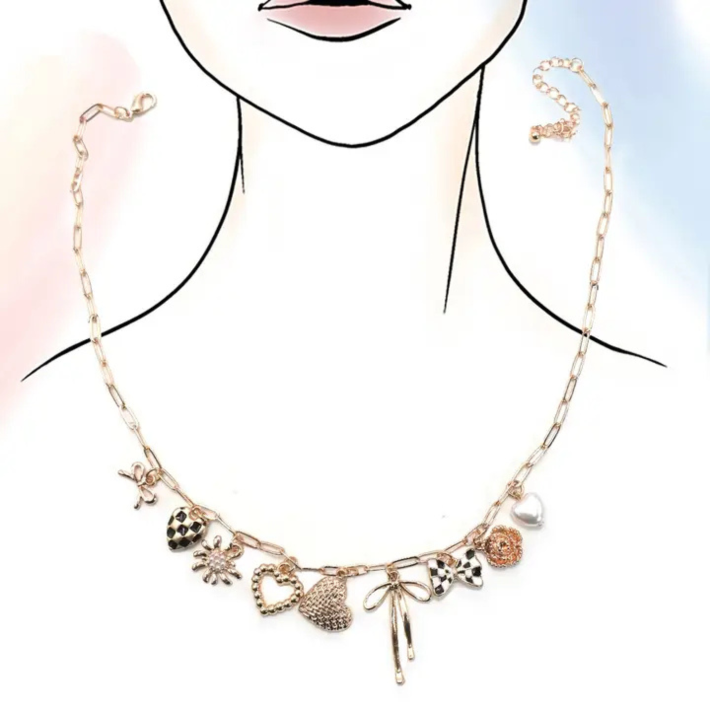 Checker Heart Floral Necklace