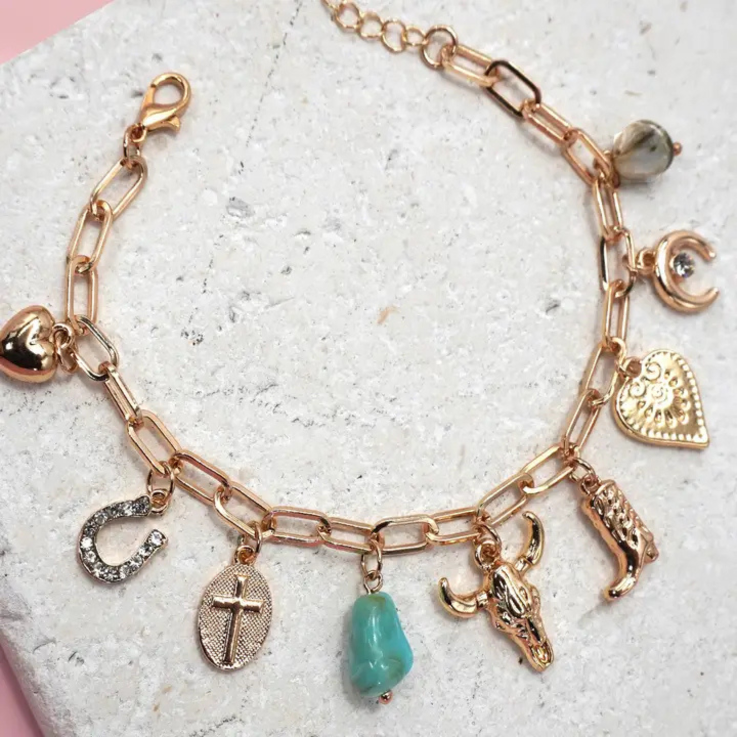 Western Boot Bullhead Stone Charm Bracelet