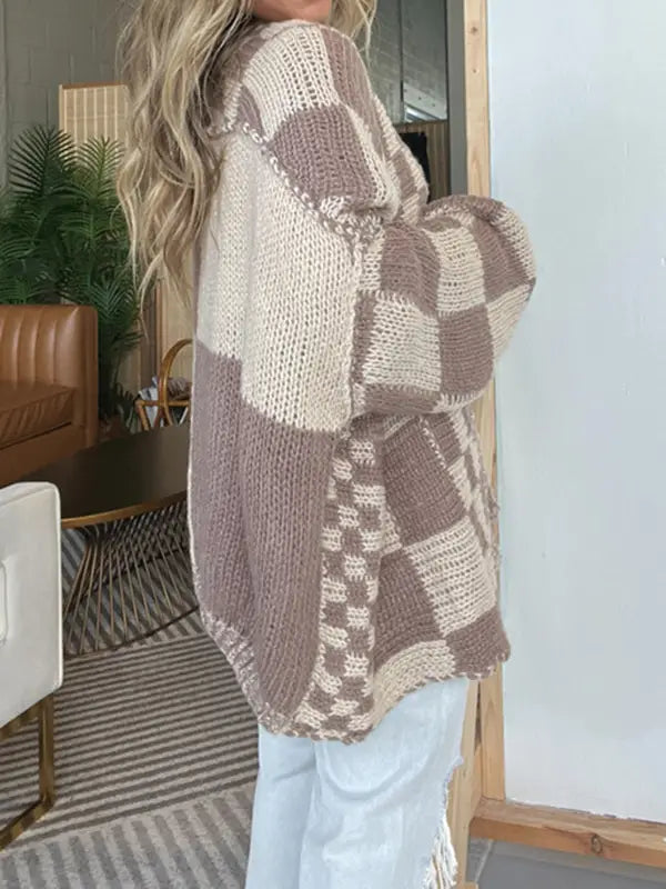 Boxy Checkerboard Knit Cardigan